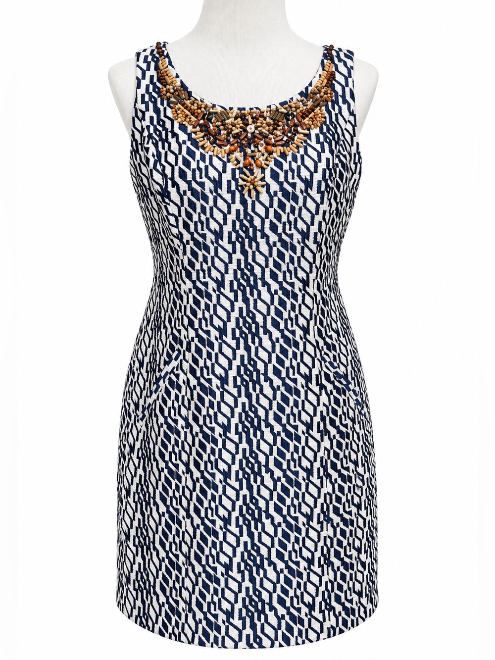 Moulinette Soeurs Navy and White Beaded-Neck Sleeveless Mini Dress